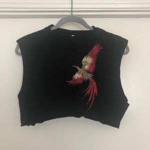 Black Crop Top with Pheonix Embroidery